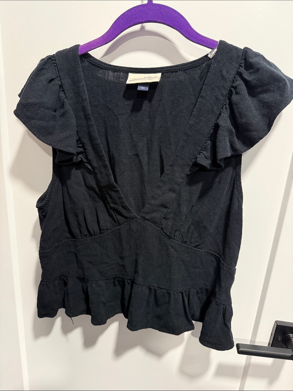 Universal Thread Black Ruffle Sleeve V-Neck Peplum Top Linen Blend Large